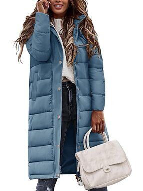 Women's Blue Winter Long Puffer Coat Quilted Warm Jacket with Side Zippers